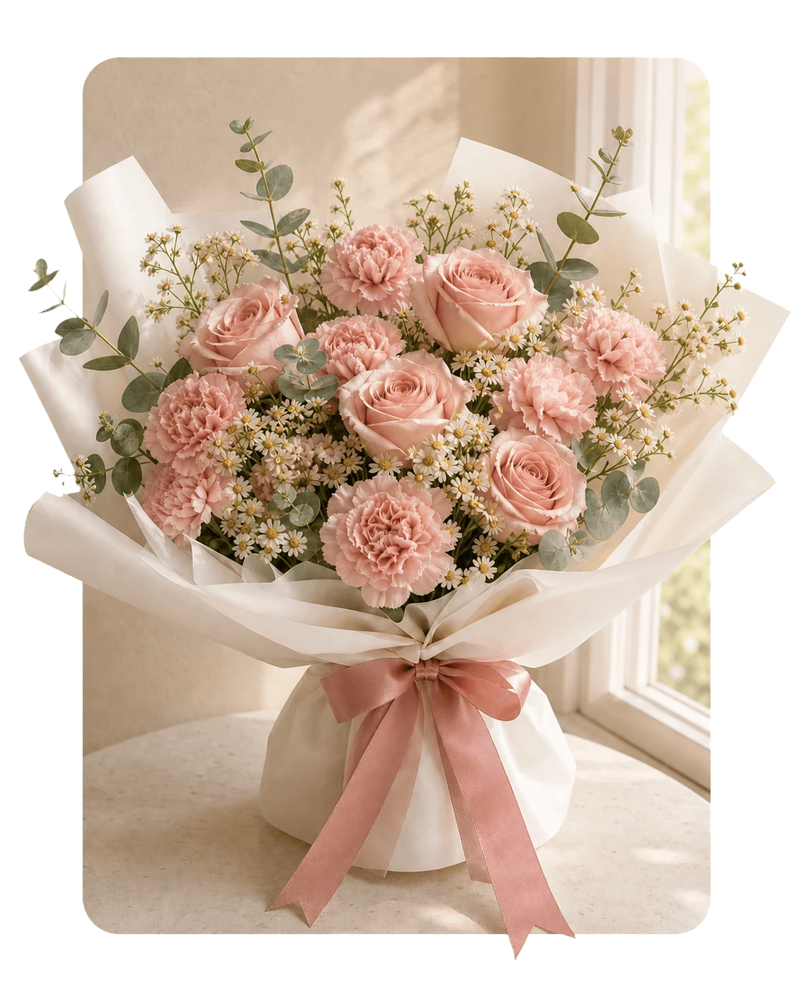 Blush pink roses and carnations arranged beside a sunlit window